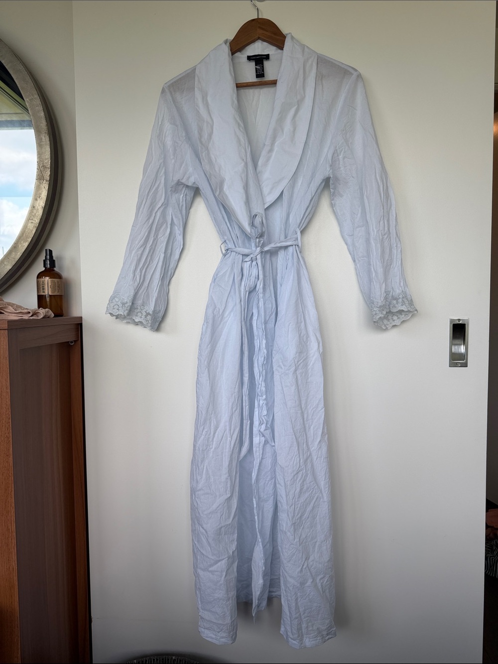 Jones New York light Blue Long Shawl Collar Robe with Lace Cuffs